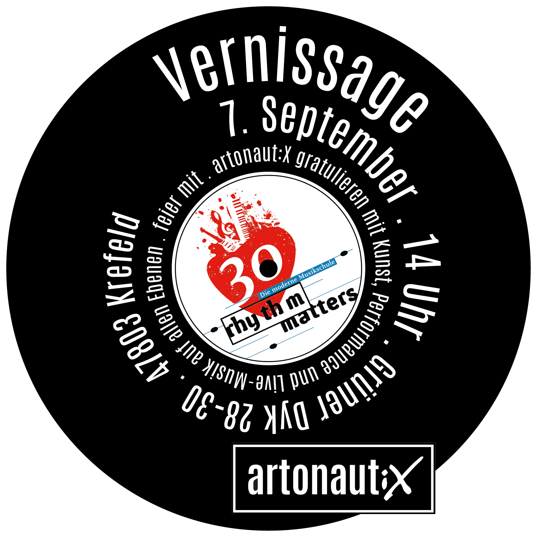 Artonaut:X gratulieren zum 30-Jährigen von “rhythm matters”  |  07. 09. 2024  |  14 Uhr | Grüner Dyk 28-30 | 47803 Krefeld